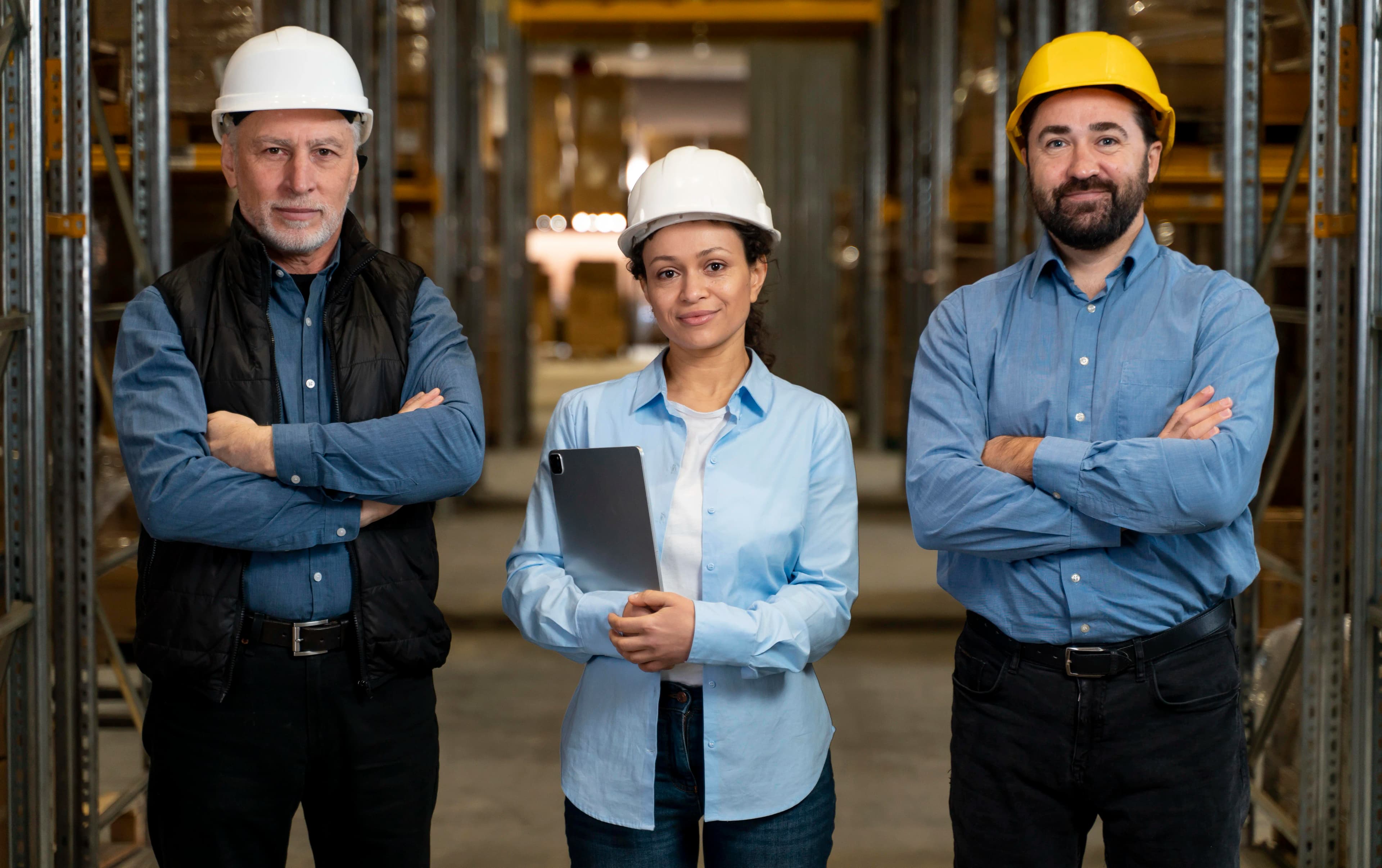 Equipe de 3 personnes, 2 hommes et 1 femme, bras croisé habillé professionnellement